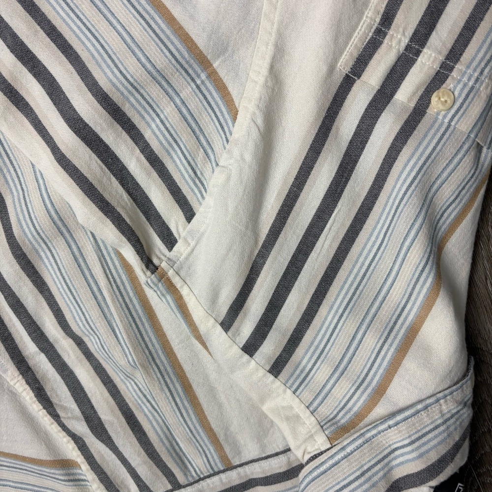 Ezekiel Men's L Button Up Shirt Beige Striped Woven Cotton Short Sleeve Pocket - Picture 9 of 9